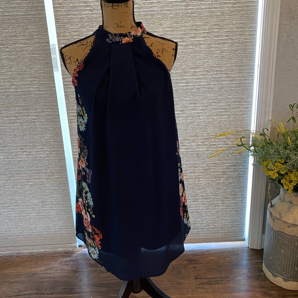 Navy dress with floral designs
